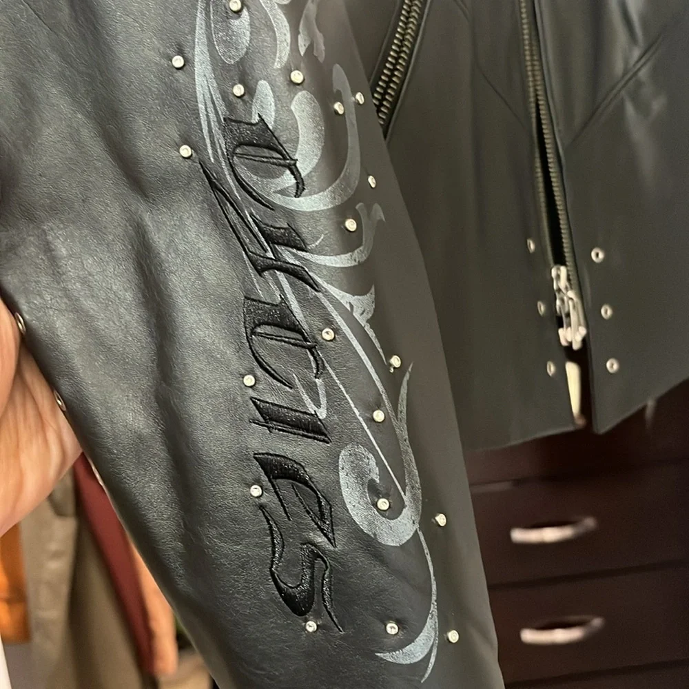 Black Studded Leather Jacket with Embossed Detail - Picture 5 of 13